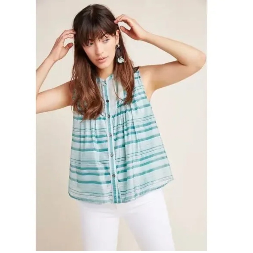 Anthropologie Current Air Piper Striped Button-Up Sleeveless Swing Blouse Teal